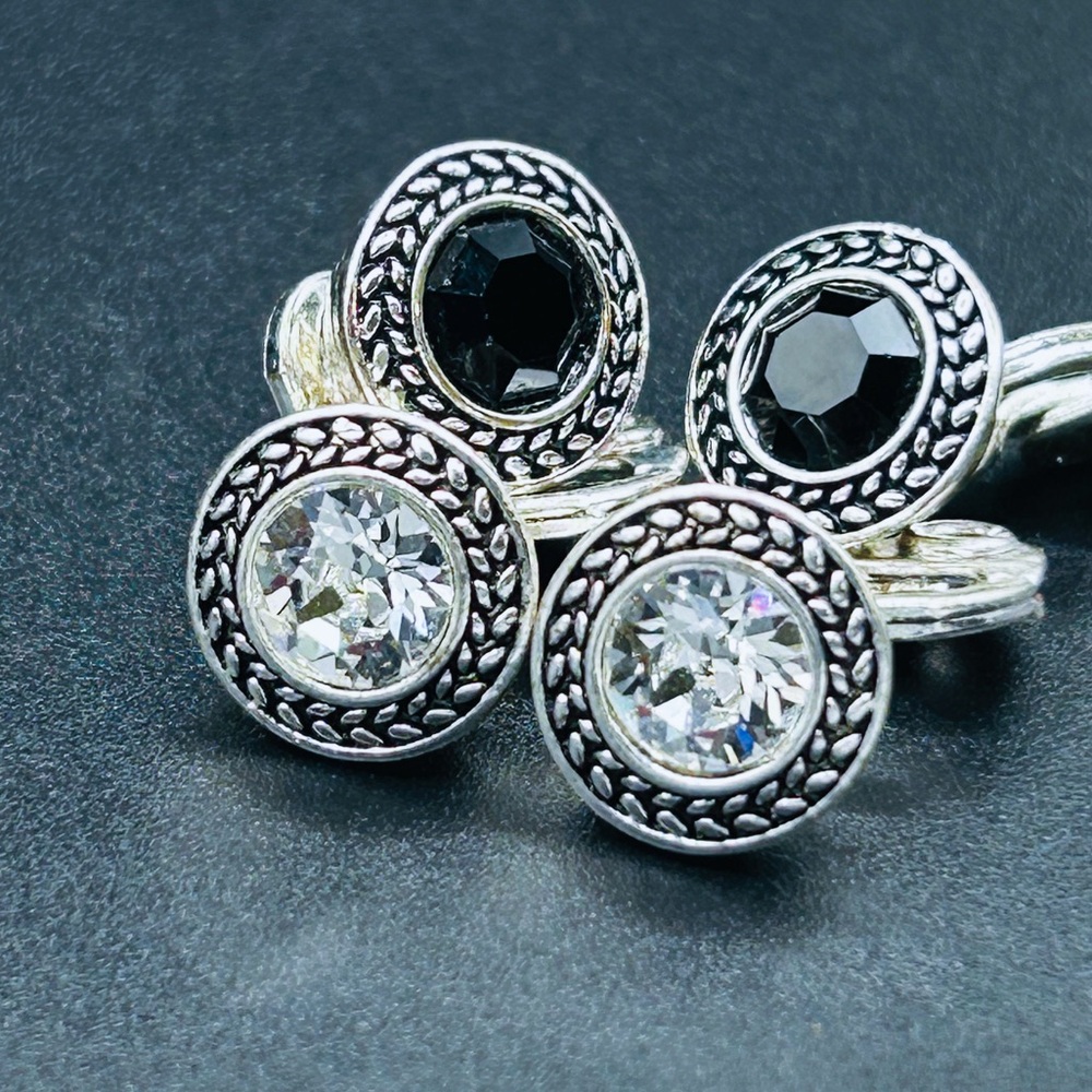 Vintage HMN Silver Tone Crystal Clip On Earrings Set